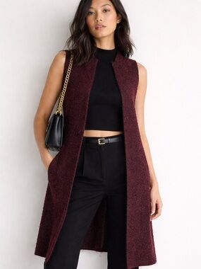 BCBG Generation Burgundy Bouclé Longline Vest Duster XXS